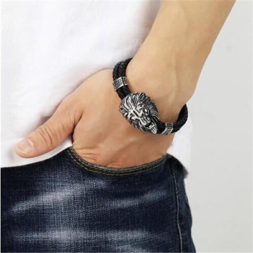 Classic Fashion Men Bracelets Lion Head Stainless Steel Black Double Layer Leather Bracelet Men Wristband Fashion Jewelry Gifts