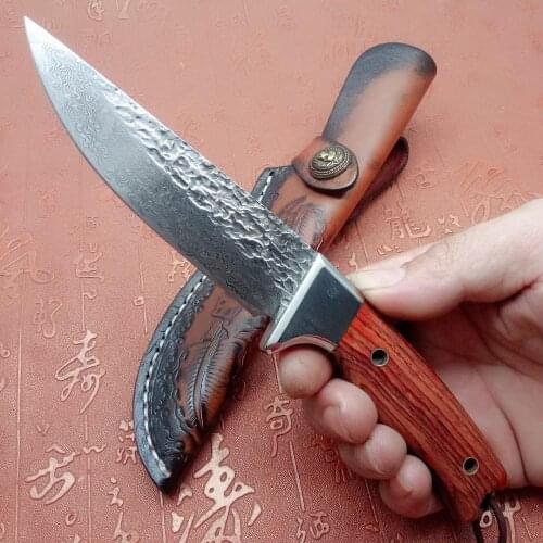 VG10 Damascus Steel Handmade forged hunting knife fixed knife Rosewood handle with Leather sheath EDC Tool