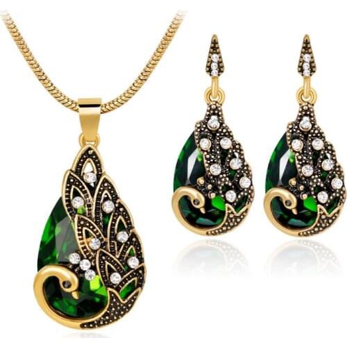 MIQIAO Gold Plated Green Stone Peacock Drop Pendant Collar Chain Necklace Stud Earrings Hook Jewelry Sets for Women Wedding Gift