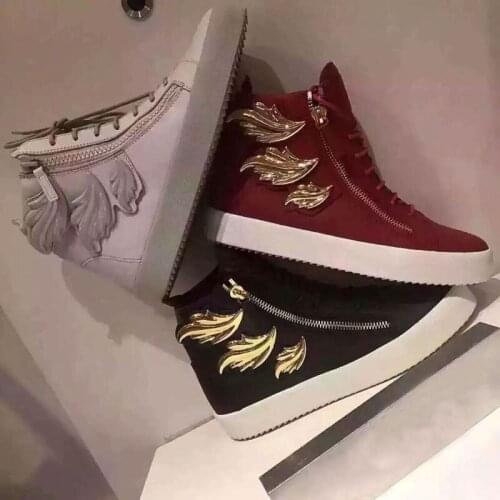 Fashion Metal Plated Shiny Angle Wings Decor Flats Shoes Side Zipper Lace Up Women Casual Shoes High-end Black White Shoes