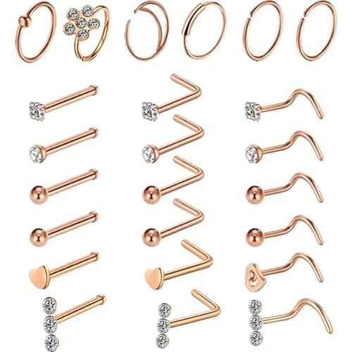 Stainless Steel Diamond Nose Rings Studs Set Nose Ring Hoop for Women Men Party Ceremonies Fans Meetings Great Gifts 24 Pcs