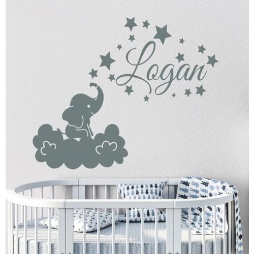 Cartoon Elephant Cloud Stars Wall Sticker Vinyl Home Decor For Baby Kids Boys Room Nursery Decals Personalized Name Mural S180