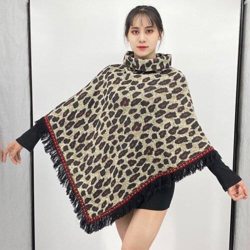 2020 New Fashion Leopard Poncho Women Warm Winter High Neck Cape Warm Knitted Ladies Fur Ball Triangle Tassel Cloak