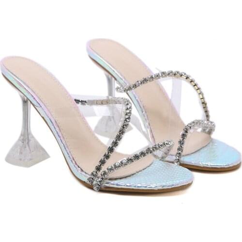 Summer New Slides Transparent Fashion Blackjack Thin Heels Outer Wear Blingbling Large size High (5cm-8cm) Slippers Women Party