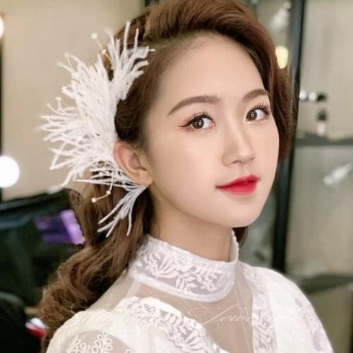 Handmade White Feather Bridal Headbands Tiaras Crystal Beads Hairbands Headdress Wedding Hair Accessories ободок для волос