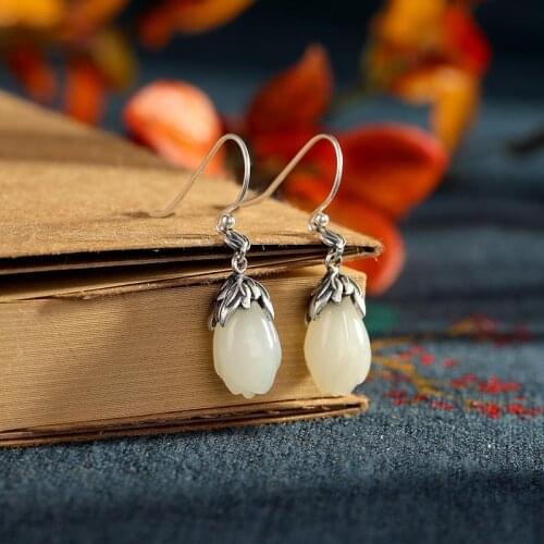 S925 Sterling Silver Inlaid Hetian Jade Magnolia Retro Personality Minimalism Natural Womens Earrings Earrings Can Be Sent on B