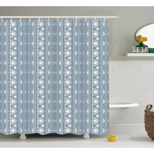 Tribal Shower Curtain Ethnic Moroccan Geometric Border Image with Dots Triangles Artwork Bathroom Waterproof Curtains