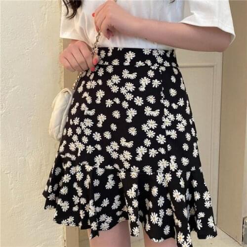 Women Fashion Flowers Print Pleated High-waisted Skirt Sweet Korean Style A-Line Skirt Harajuku Korean Fashion Summer Skirt