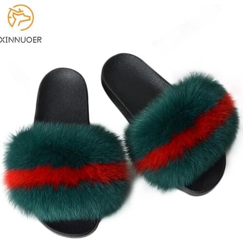 Ladies Fur Slippers Genuine Multicolor High-end Fox Fur Sandals Beautiful Fashion Flat Slippers