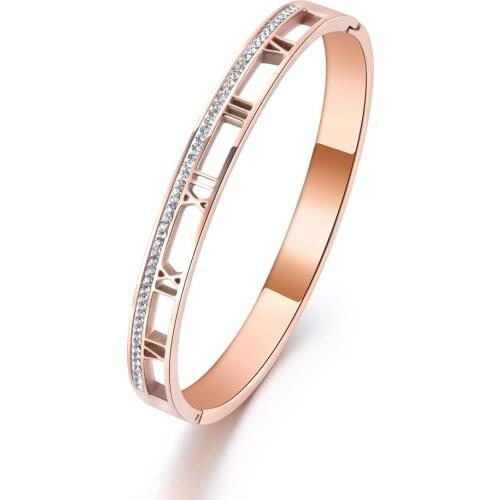 Roman Numerals Stainless Steel Cuff Bracelet Jewelry For Women Rhinestone Lover Bracelets Bangles Valentine Gift B19004