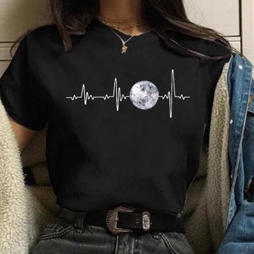 New Moon Womens Black Top T-shirt Womens Casual Round Neck T-shirt Lunar Eclipse Printed Womens T-shirt