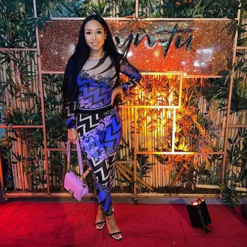 Blue Mesh Pattern Printed Bodycon Two Piece Set Women 2021 Streetwear Style Bodysuit+Leggings Fashion Female Matching Outfits