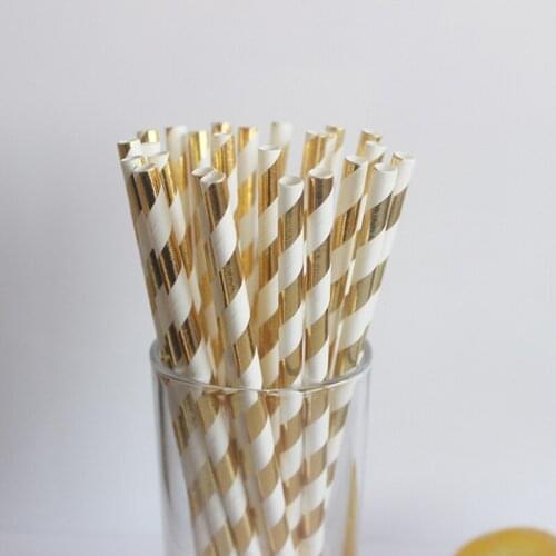 25pc/lot Eco-friendly Metallic Gold Stripe Paper Straws Christmas Party Wedding Decoration Biodegradable Drinking Straws 5 color