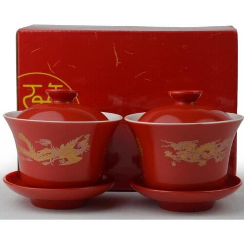 Dragon phoen Gaiwan 200ml Xi teacup wedding anniversary porcelain traditional Chinese tea set lid cups saucer teaware cover bowl