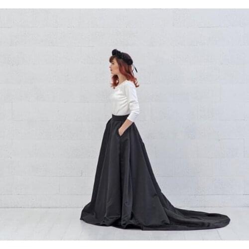 Elegant Black Women Satin Floor Length Skirt Sweep Train High Waistline Zipper Style Pleated Maxi Skirts with Pockets