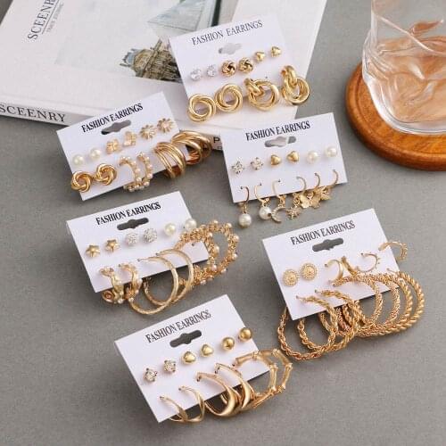 EN Fashion Gold Color Exaggeration Hoop Earrings Set For Women New Pearl Circle Butterfly Earrings Wedding Jewelry Trend Gifts