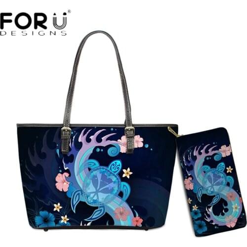 FORUDESIGNS Fashion Lady Shoulder Bag And Purse 2pcs Set Hawaii Tribal Turtle With Hibiscus Print Luxury Casual Beach Bolsos