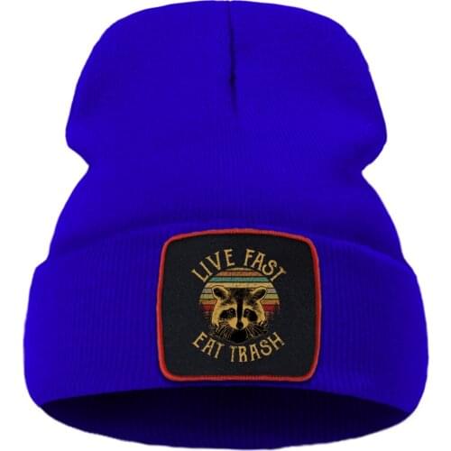 Live Fast Eat Trash Raccoon Print Hot Sale Winter Hat Outdoor Casual Beanie Hat Wool Fashion Unisex Hats Flexible Creative Hat