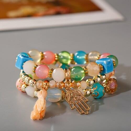 Vintage 3Pcs/Lot Bracelets Set For Women Fashion Crystal Stone Beads Fringe Tassel Hand Pendent Wrap Bracelets Summer Jewelry