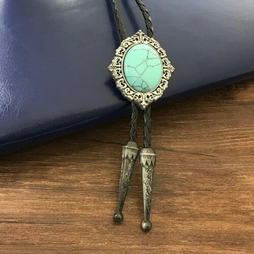 Western cowboy Bolo tie natural turquoise 3D retro pattern zinc alloy leather collar rope birthday party wedding gift