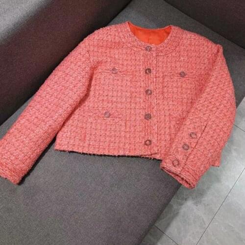 High-end Coat Women Short Jacket 2021 Autumn Runway Designer Pink Single Breasted Plaid Tweed Jackets Top Outwear