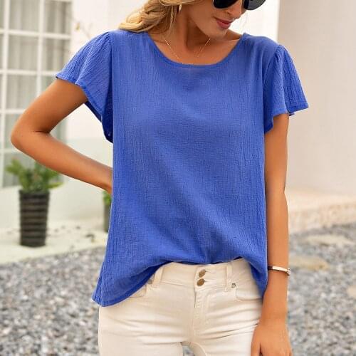 Summer Women New T Shirt Casual Back Hollow Out Bow Tie Solid Short Lotus Sleeve Solid Lady T-shirt Top