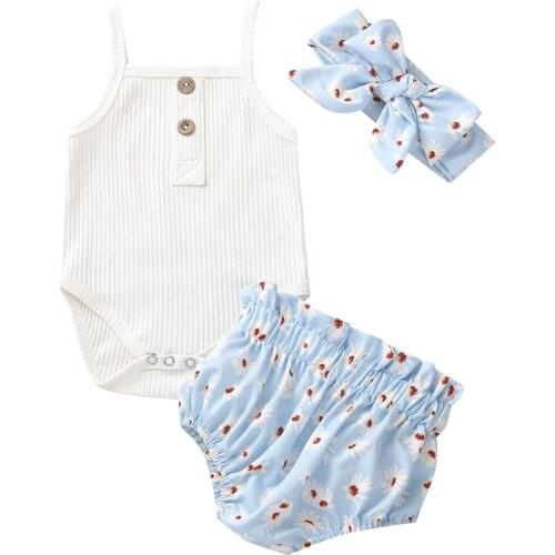0-24M Cute Baby Girl Clothing Button Sleeveless Knitted Top+Floral High Waist Shorts+Headband Summer 3pcs Outfits Set