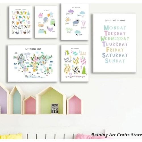 Cartoon Alphabet Number World Map Weather Symbol Educational Posters Canvas Painting and Prints Nursery Wall Art Pictures Decor