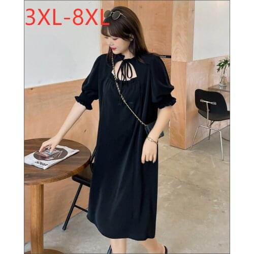 New 2021 Ladies Summer Plus Size Midi Dress For Women Large Short Sleeve Loose Black Elegant Bow Dress 3XL 4XL 5XL 6XL 7XL 8XL