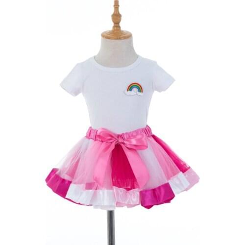 Girls Clothes 2 Piece Set Gir Skirt Rainbow Tutu Skirt + Rainbow Short Sleeve T-shirt Show Dance Skirt Childrens Suit