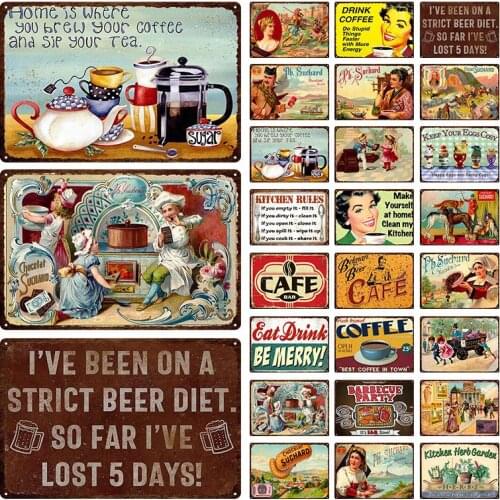 Coffee Tea Tin Poster Vintage Home Decor Metal Tin Signs Malt Decorative Plaques For Cafe Bar Wall Art Iron Craft Plate