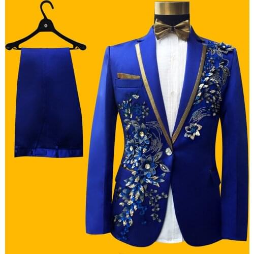Royal Blue Palette Embroidered Wedding Stage Suit Men Heavy Workmanship Terno Masculino Costume Homme Party Club Outfits