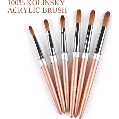 100% Pure Kolinsky Acrylic Nail Brush Rose Gold Handle Kolinsky Sable Brush for UV Gel Painting Carving Nail Art Tool 6#-16