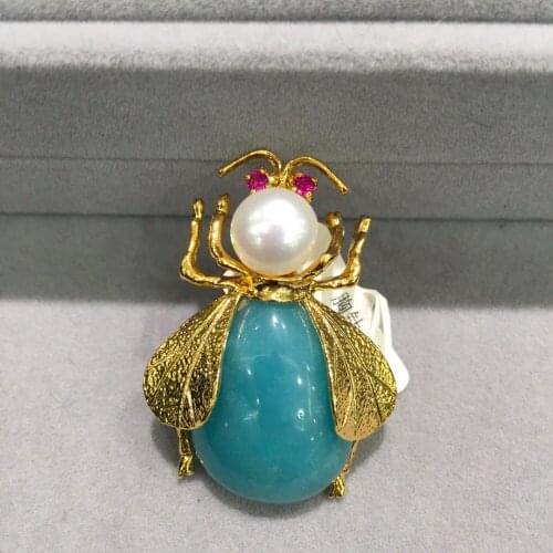 Blue color natural semi-precious stone ant brooch pins copper with real fresh water pearl and zircon fashion women jewelry