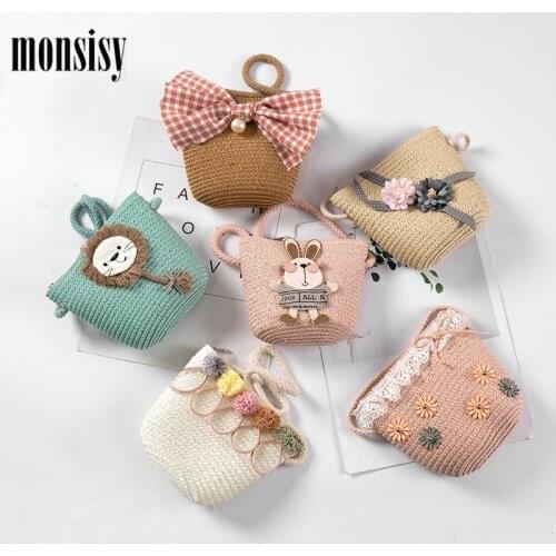 Monsisy Kid Straw Bag For Girls Boys Rattan Handbag Children Wallet Shoulder Bag Summer Toddler Coin Purse Baby Straw Beach Bag