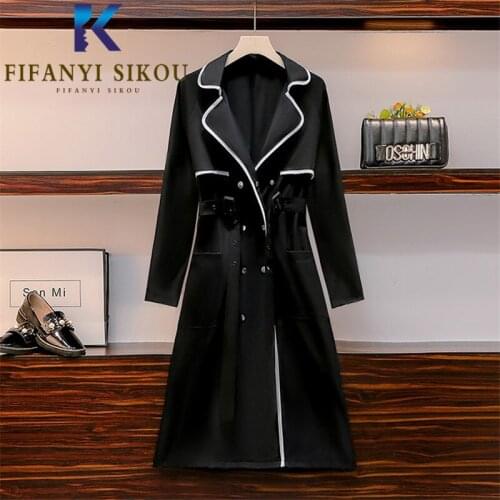 Spring Women Black Trench Coat Double Breasted Pocket Lapel Fashion Long Trench Coat Loose Plus Size Casual Windbreaker 2021 New