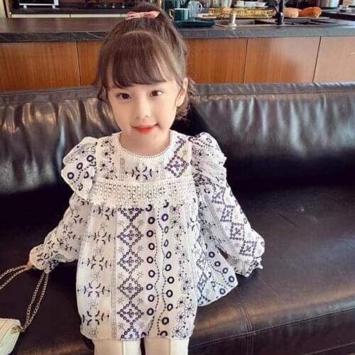 Spring 100% Cotton Floral Printed Lace Blouse Summer Striped Shirt Korean Baby Long Sleeve Tops Cute Shirts School Girls Blouses