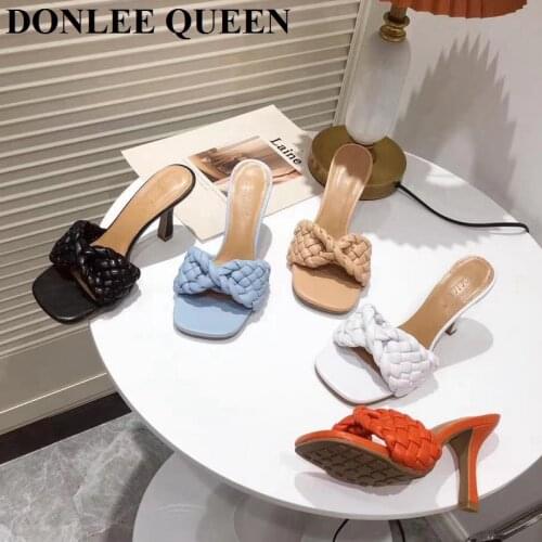 2021 New Summer Slippers Women High Heels Open Toe Slides Brand Weave Sandals Party Shoes Office Ladies Mules Zapatillas Mujer