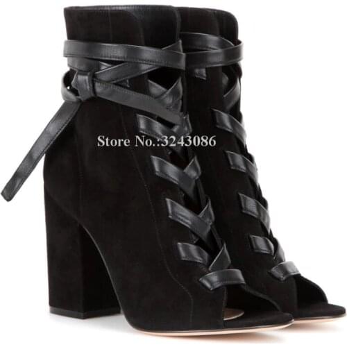 New Suede Cross Strap Lace-up Woman Ankle Boots Fashion Peep Toe Chunky Heel Lady Short Boots Large Size Dress Shoes Dropship