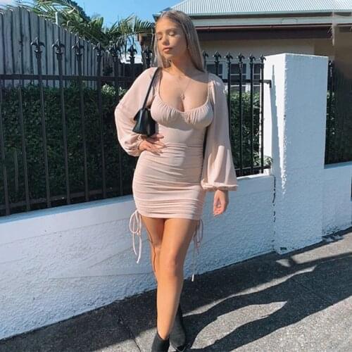 Summer Women Sexy Square Neck Wrap Chest Bandage Short Dress 2021 Autumn Ladies Solid Bodycon Pleated Long Sleeve Mini Dresses