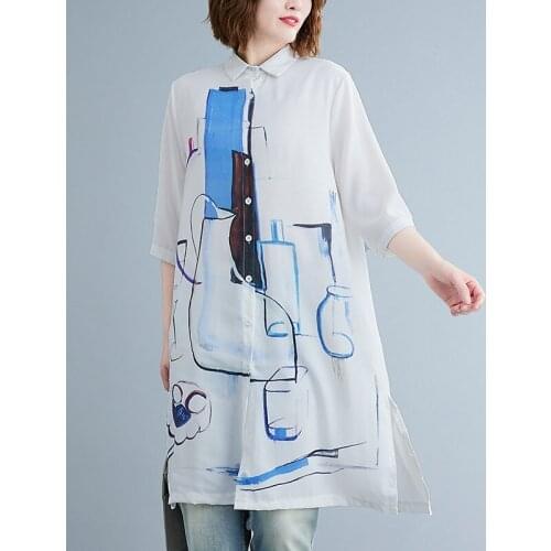 Oversized Women Casual Shirt Dress New Arrival 2021 Summer Simple Style Turn-down Collar Print Ladies Knee-length Dresses B882