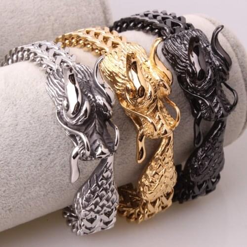 12mm Cool Unsexs Jewelry Stainless Steel Silver Color Gold Color Black Dragon Head Figaro Chain Mens Bracelet Cuff Bangle 9"