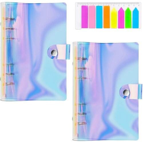 2 Pack 6-Ring Rainbow Transparent Soft PVC Binder Cover, A6 Notebook Binder Planner Cover/Snap Button Closure