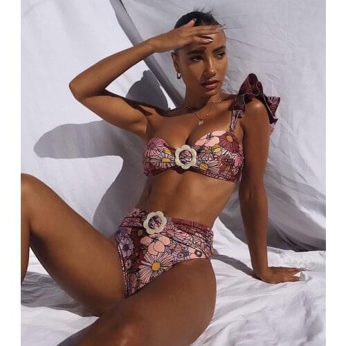 2021 Sexy Bikinis Women Swimwear High Waist Biquini Set Shoulder Ruffle Bathing Suit Beachwear Push Up Swimming Suits