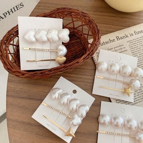 3 Pcs/set Korean Girls Heart Pearl Rhinestone Hair Clip Fashion Cute Metal Bangs Side Clip Women Colorful Barrettes Jewelry Gift
