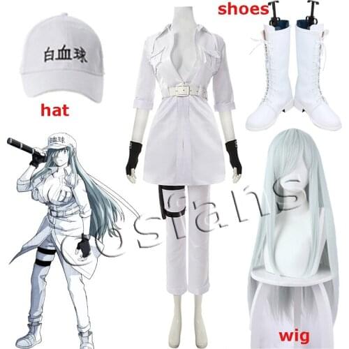 Anime White Blood Cell Cosplay Costume Cells at Work CODE BLACK Cosplay Costume Women Uniform Costume Halloween Hat Shoes Wigs