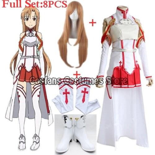 Anime Sword Art Online Asuna Yuuki Dress Cosplay Costumes Uniform for Halloween SAO Asuna Battle Suit Outfits Full Set with Wig