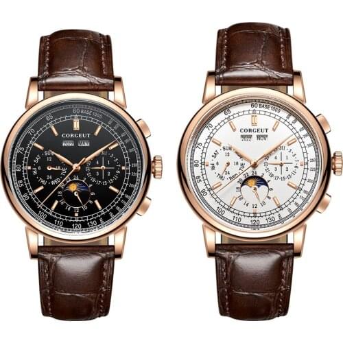 Corgeut 42mm mechanical wristwatches moon Phase rosegold White Dial Year Day Month Week Automatic watch men