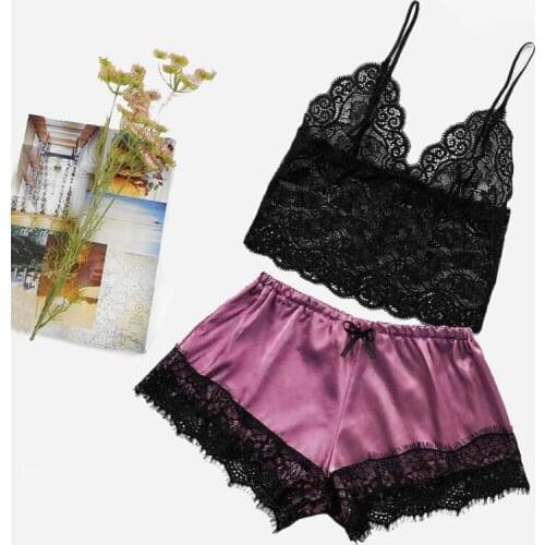 Womens Sleepwear Sexy Women Pyjama Set White Lace V-Neck Pyjamas Sleeveless Cami Top And Shorts Lace Patchwork Pajama