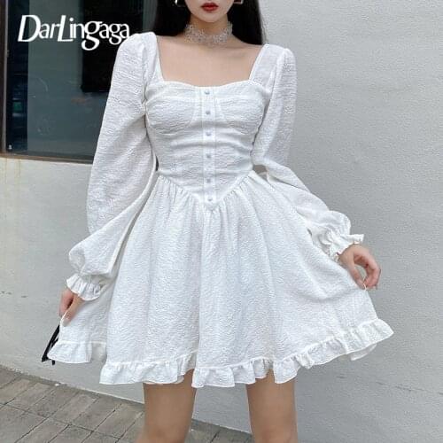 Darlingaga Elegant Chic Square Neck Puff Sleeve White Dress Female Ruffles Solid Corset Pleated Birthday Party Dress Fashion New